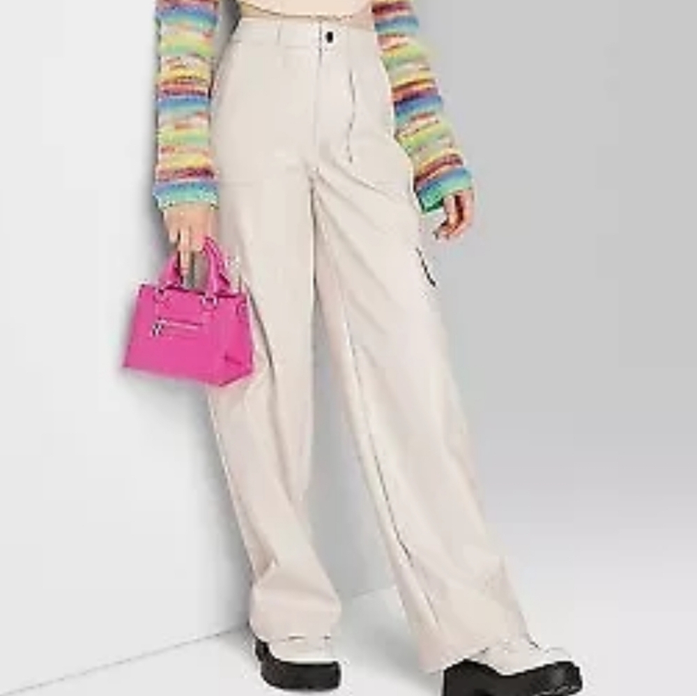 Women's High-Rise Straight Leg Faux Leather Cargo Pants - Wild Fable Beige M
